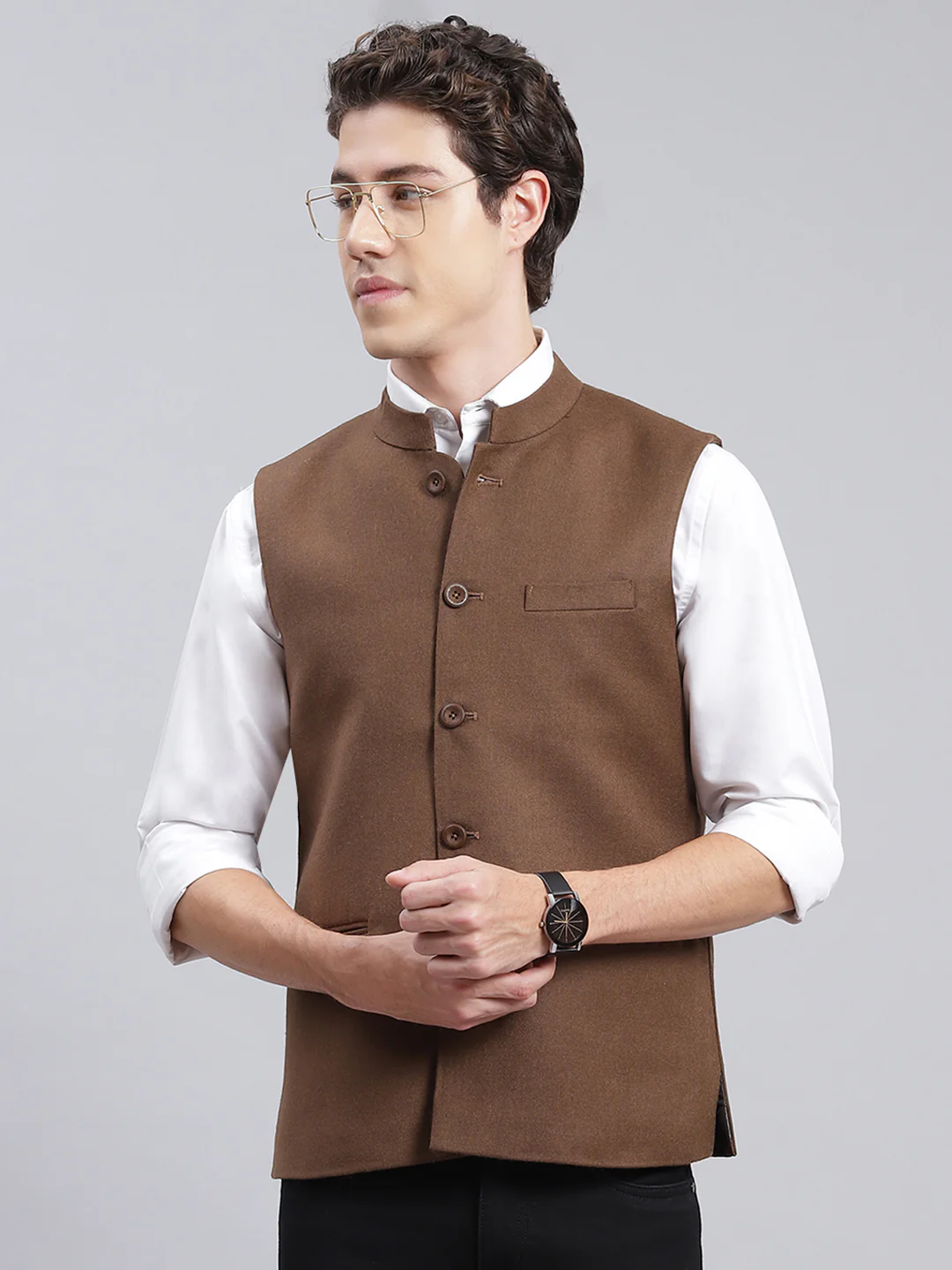 Men Brown Solid Wool blend Coat - Image 2
