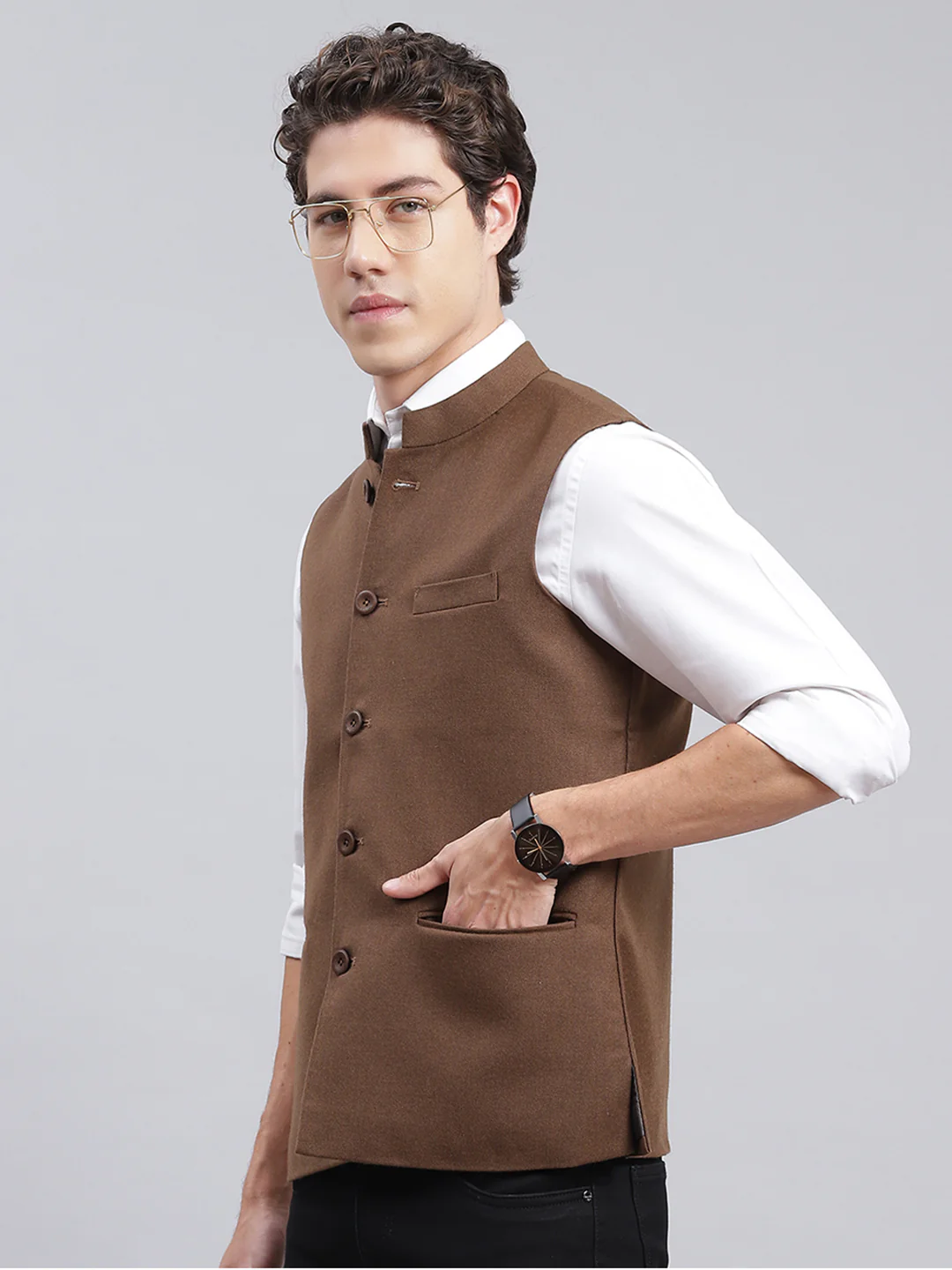 Men Brown Solid Wool blend Coat - Image 3