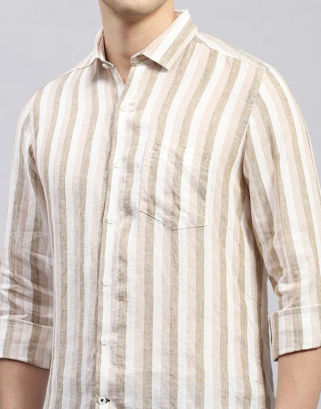 Men Brown Stripe Collar Full Sleeve Linen Shirt - Image 6