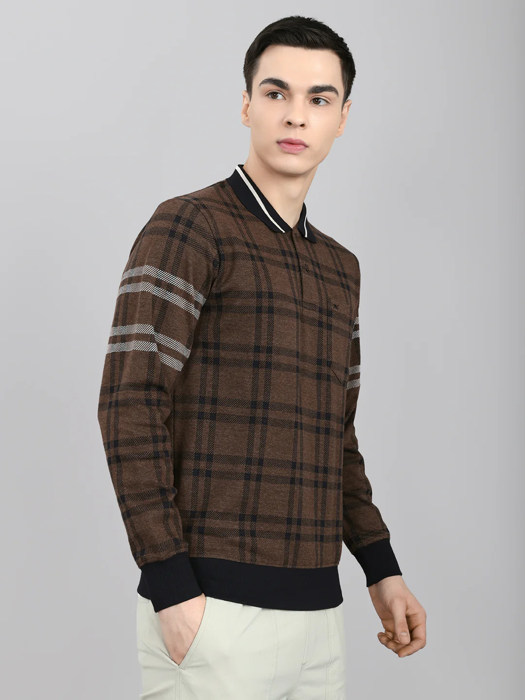 Men Brown Stripe Collar Full Sleeve Winter T-Shirt - Image 3