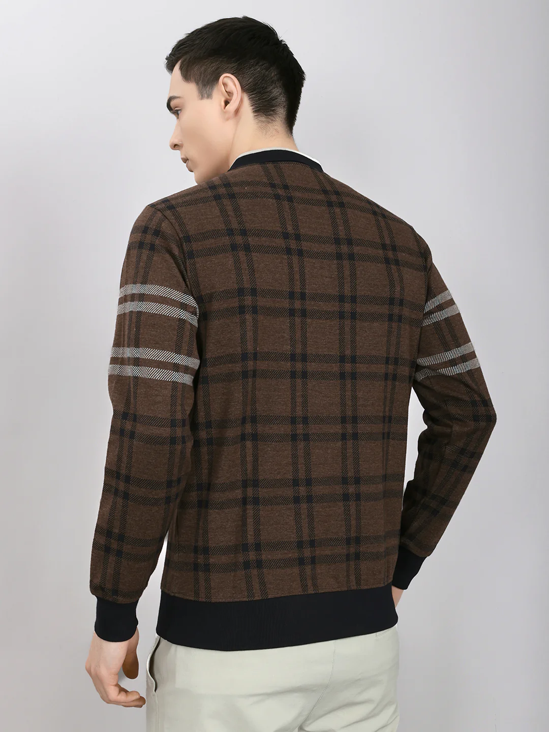 Men Brown Stripe Collar Full Sleeve Winter T-Shirt - Image 5
