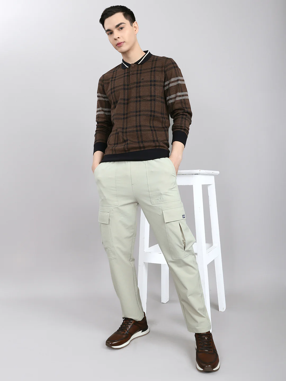 Men Brown Stripe Collar Full Sleeve Winter T-Shirt - Image 6