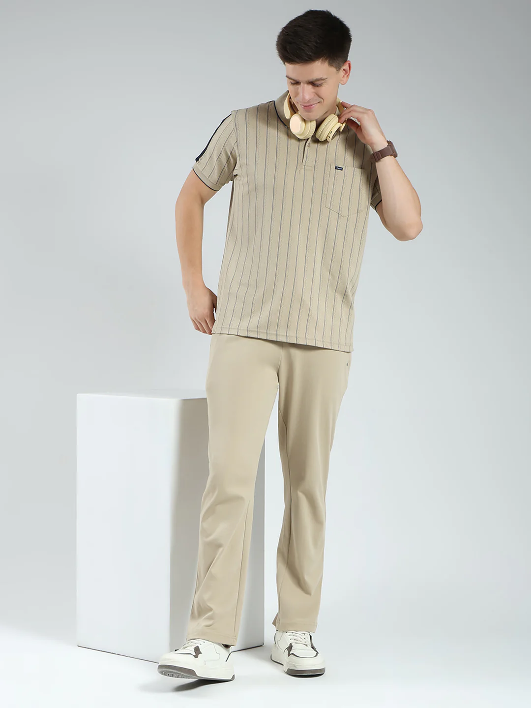Men Brown Stripe Collar Half Sleeve Lower Set - Image 2