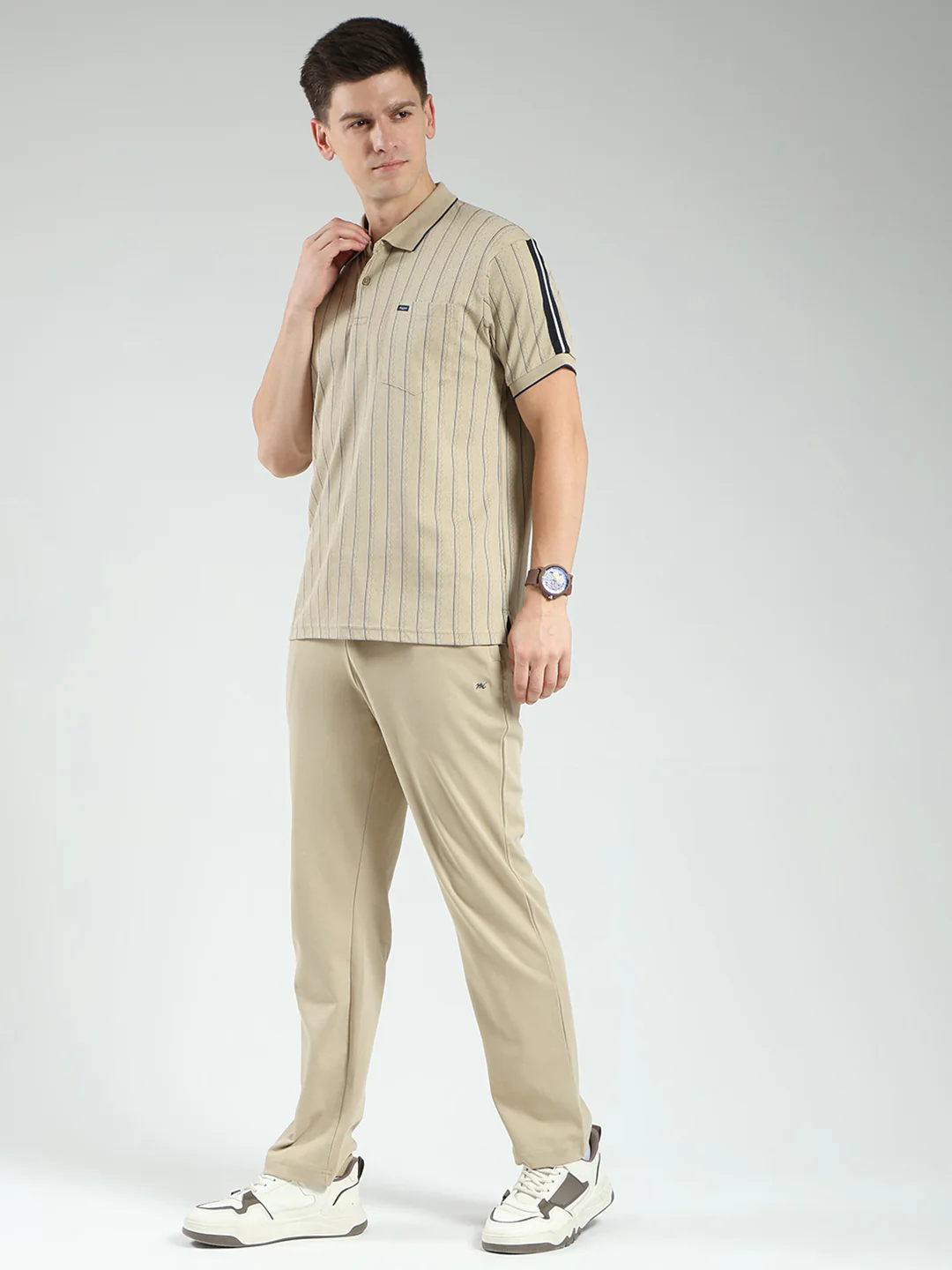 Men Brown Stripe Collar Half Sleeve Lower Set - Image 3