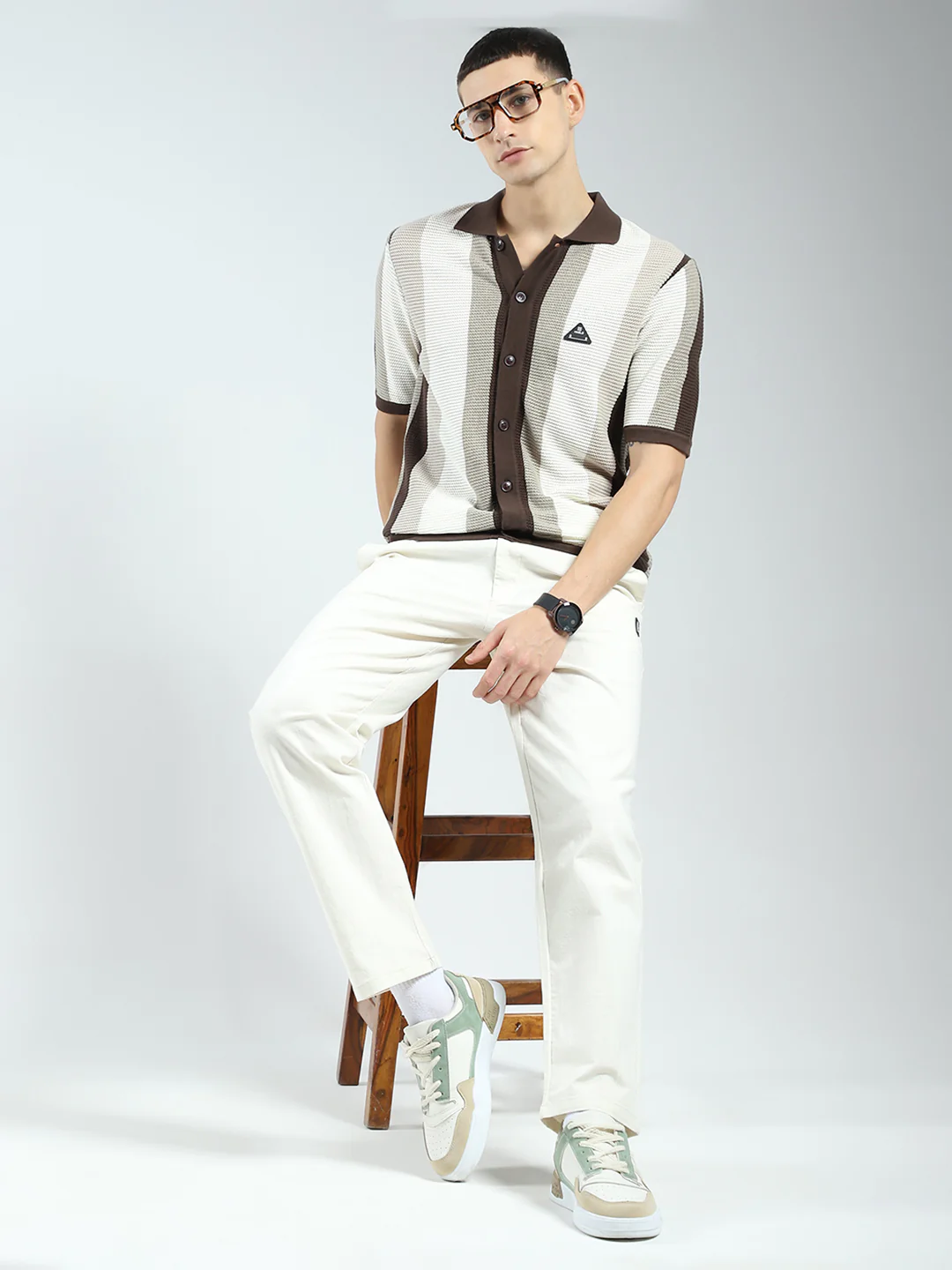 Rock.it Men Brown Stripe Collar Half Sleeve Shirt - Image 2