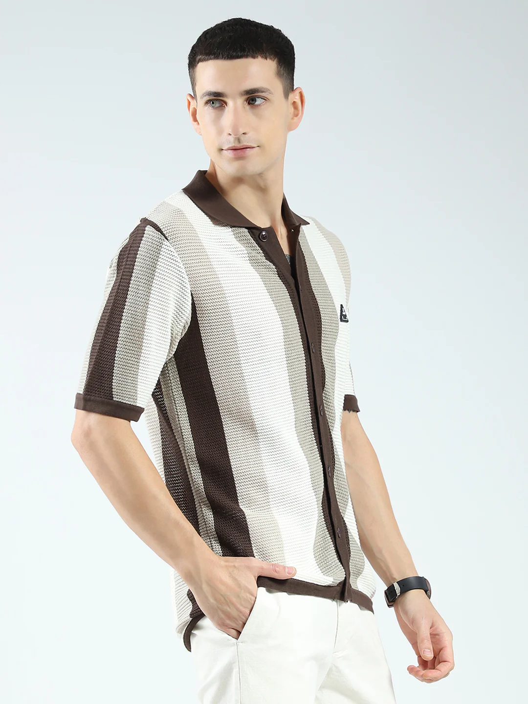 Rock.it Men Brown Stripe Collar Half Sleeve Shirt - Image 4