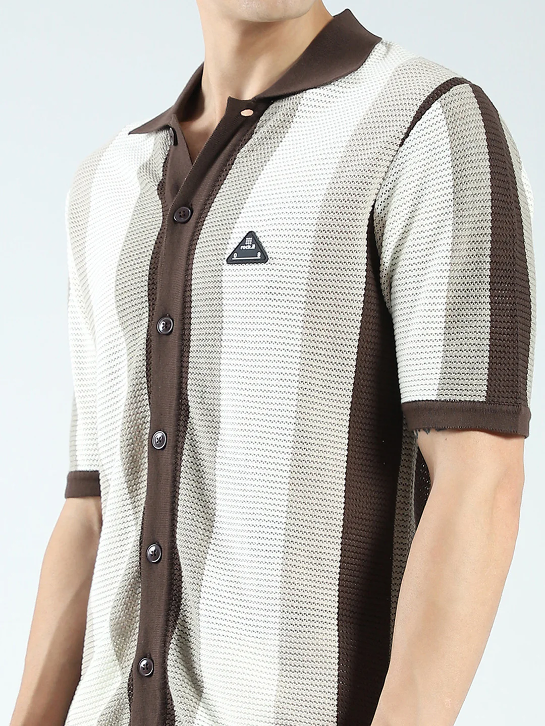 Rock.it Men Brown Stripe Collar Half Sleeve Shirt - Image 7