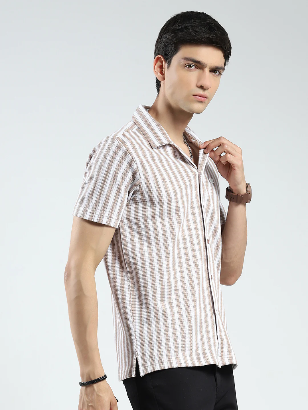 Men Brown Stripe Collar Half Sleeve Shirt - Image 4