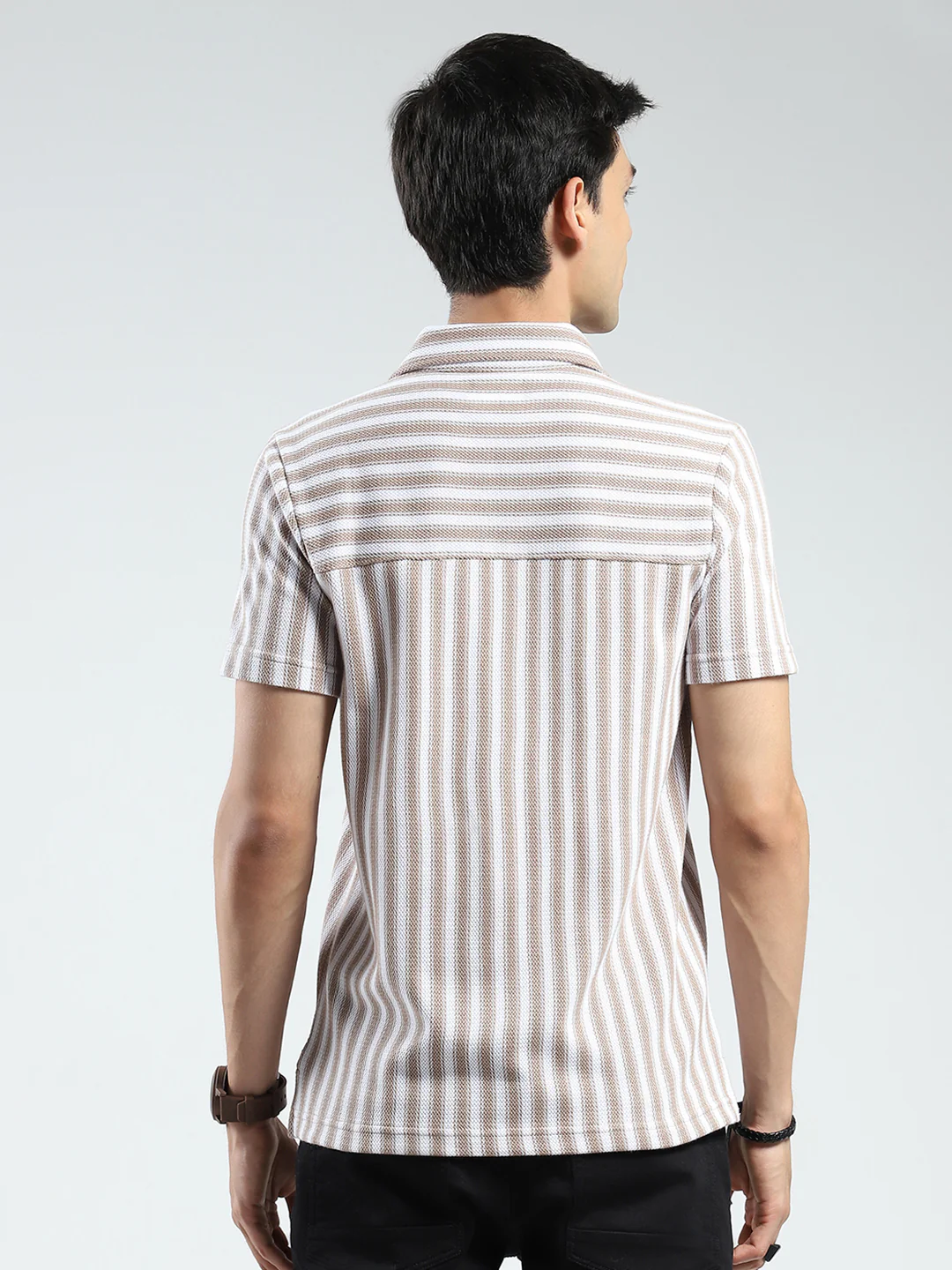 Men Brown Stripe Collar Half Sleeve Shirt - Image 5
