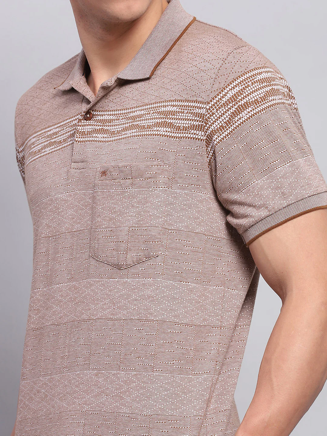 Men Brown Stripe Collar Half Sleeve T-Shirt - Image 6