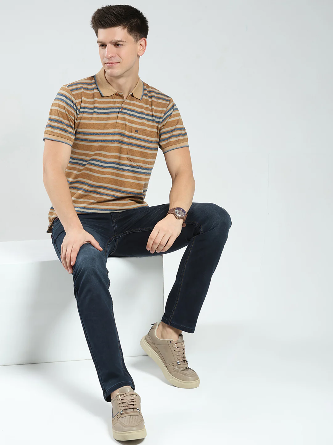 Men Brown Stripe Collar Half Sleeve T-Shirt - Image 2