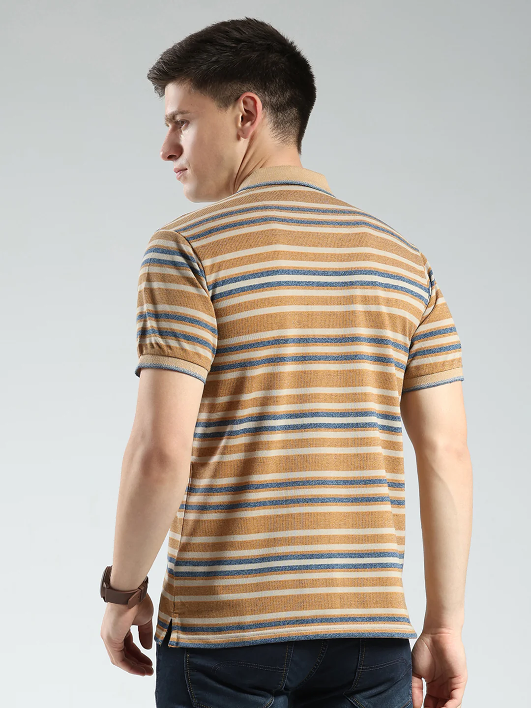 Men Brown Stripe Collar Half Sleeve T-Shirt - Image 5