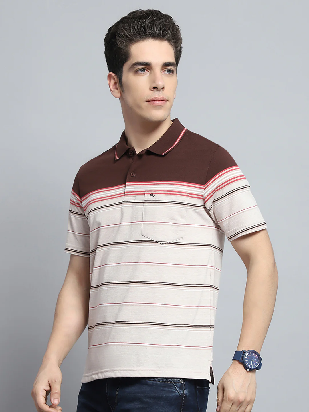 Men Brown Stripe Collar Half Sleeve T-Shirt - Image 3