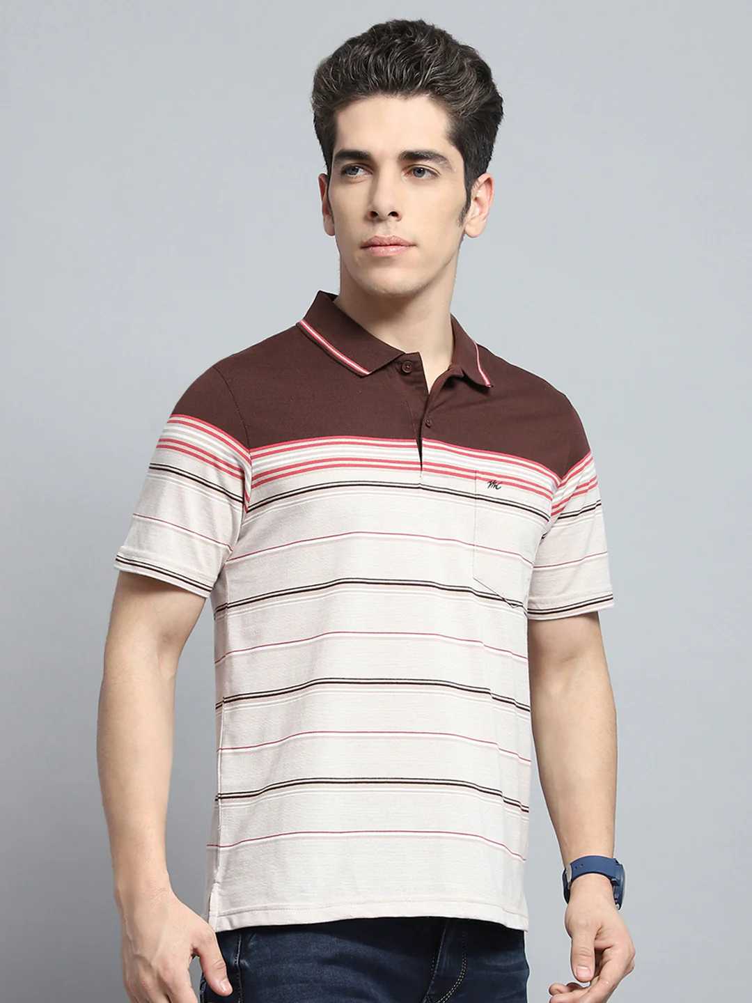 Men Brown Stripe Collar Half Sleeve T-Shirt - Image 4