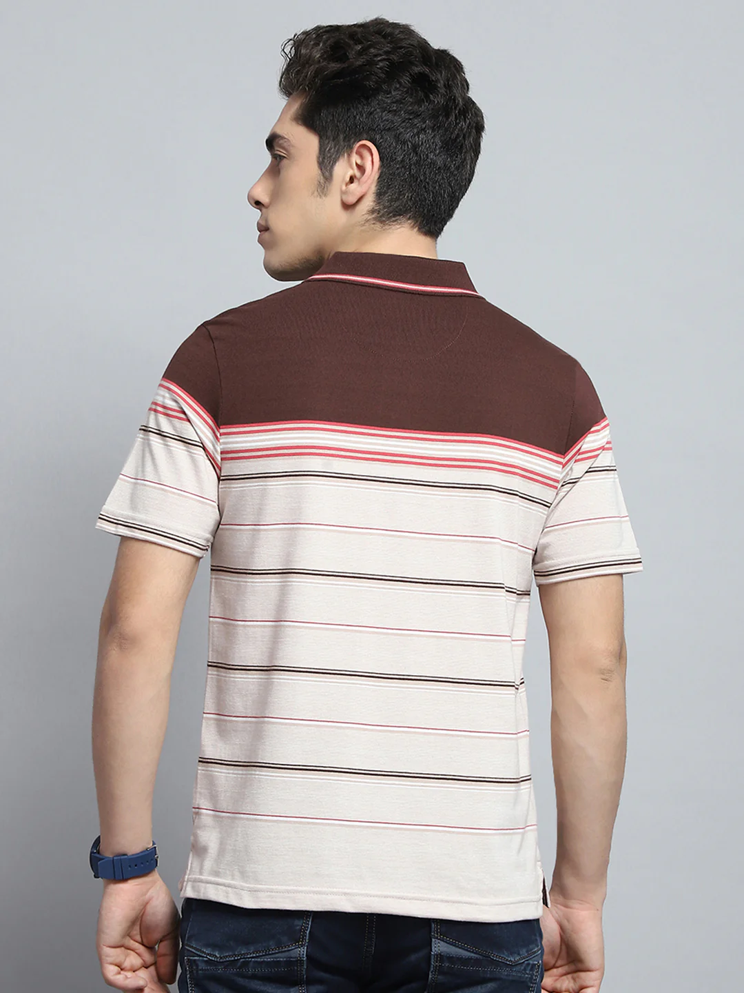 Men Brown Stripe Collar Half Sleeve T-Shirt - Image 5