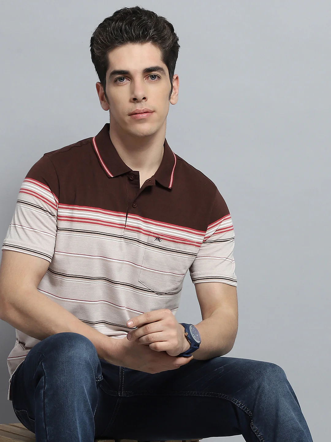 Men Brown Stripe Collar Half Sleeve T-Shirt - Image 6