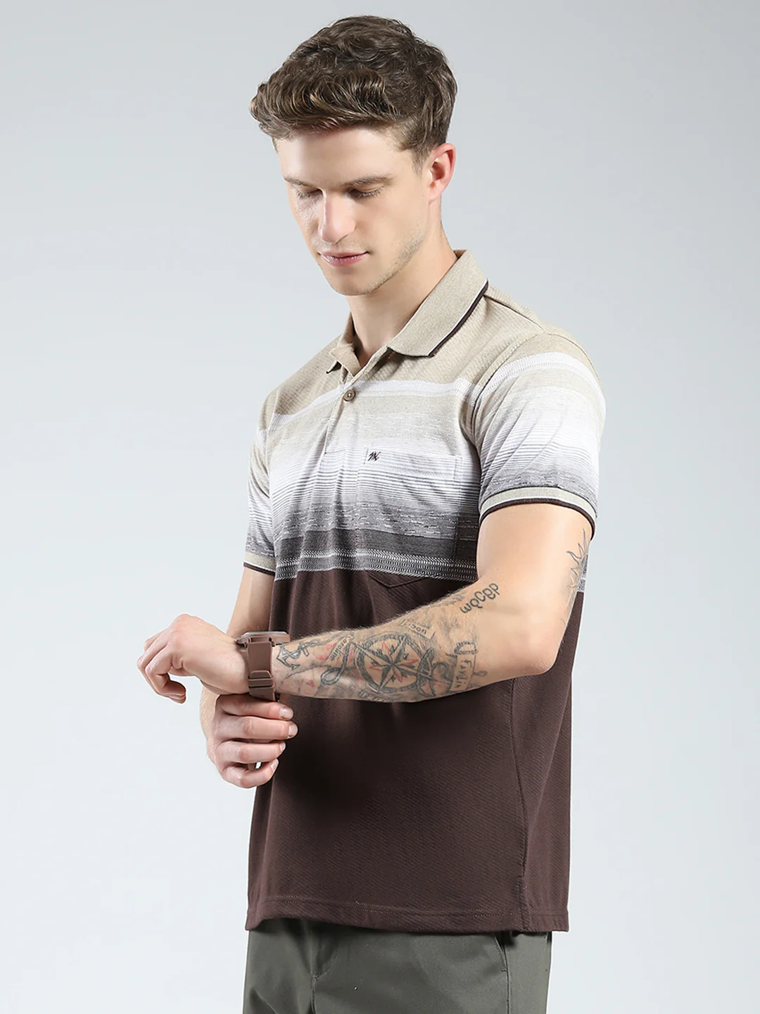 Men Brown Stripe Collar Half Sleeve T-Shirt - Image 3