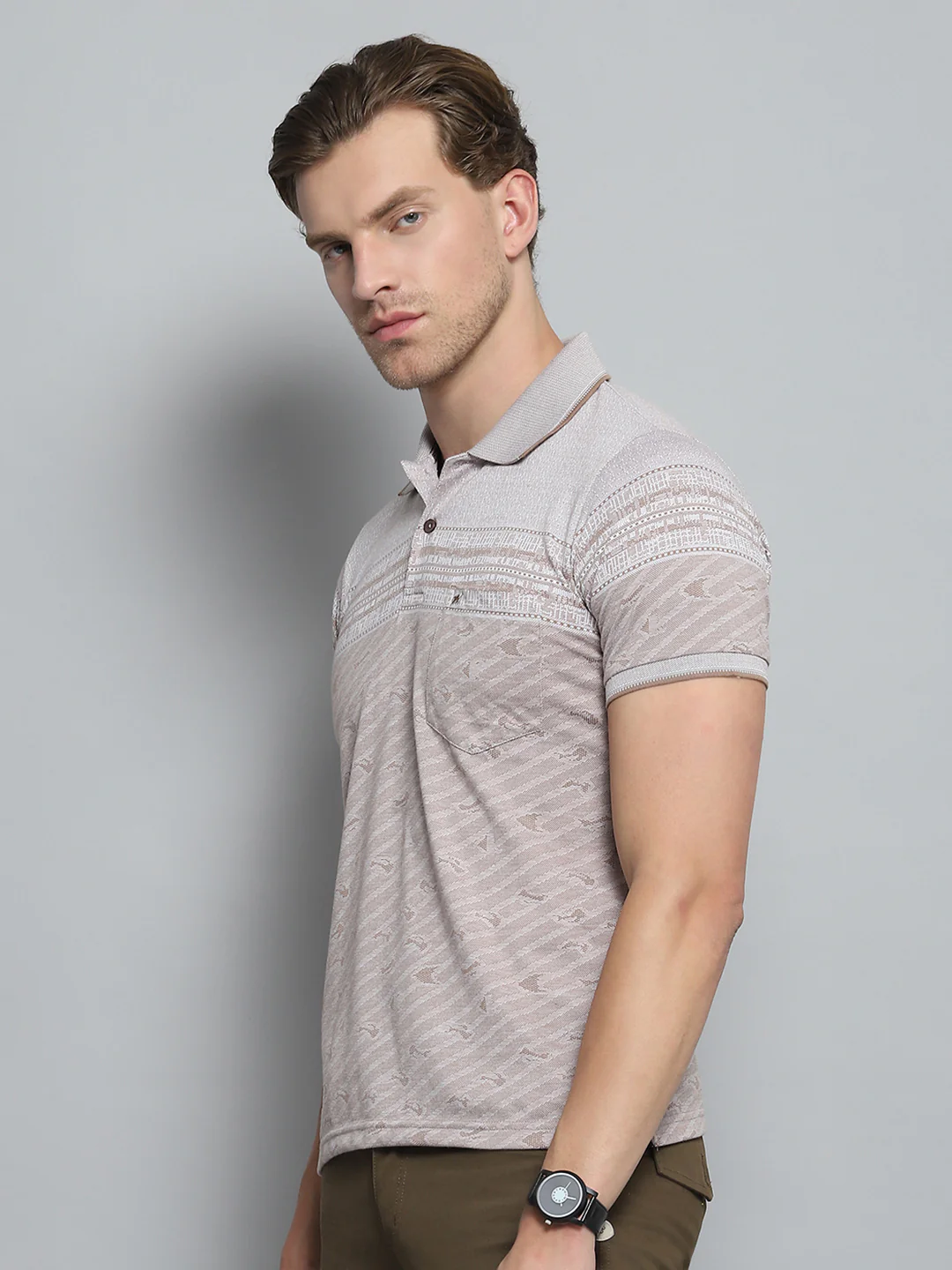Men Brown Stripe Collar Half Sleeve T-Shirt - Image 3