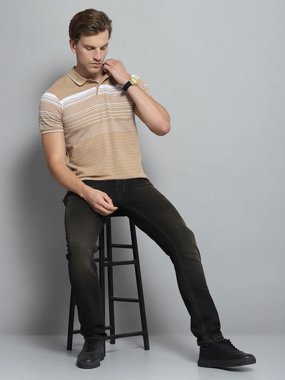 Men Brown Stripe Collar Half Sleeve T-Shirt - Image 2