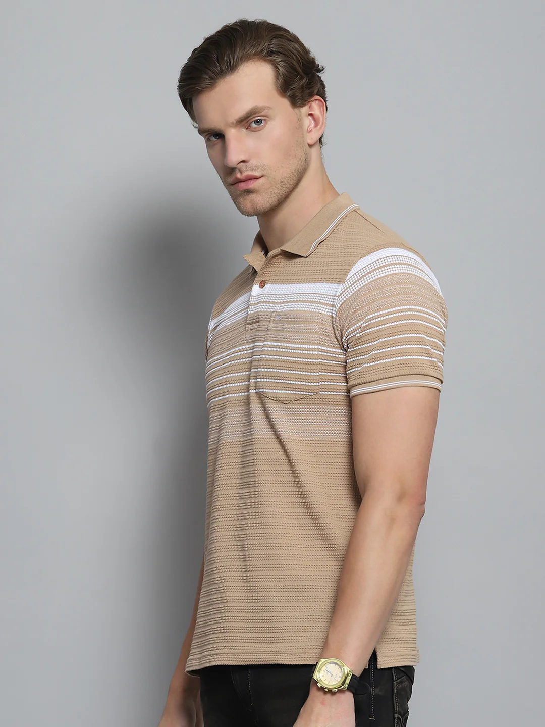 Men Brown Stripe Collar Half Sleeve T-Shirt - Image 3