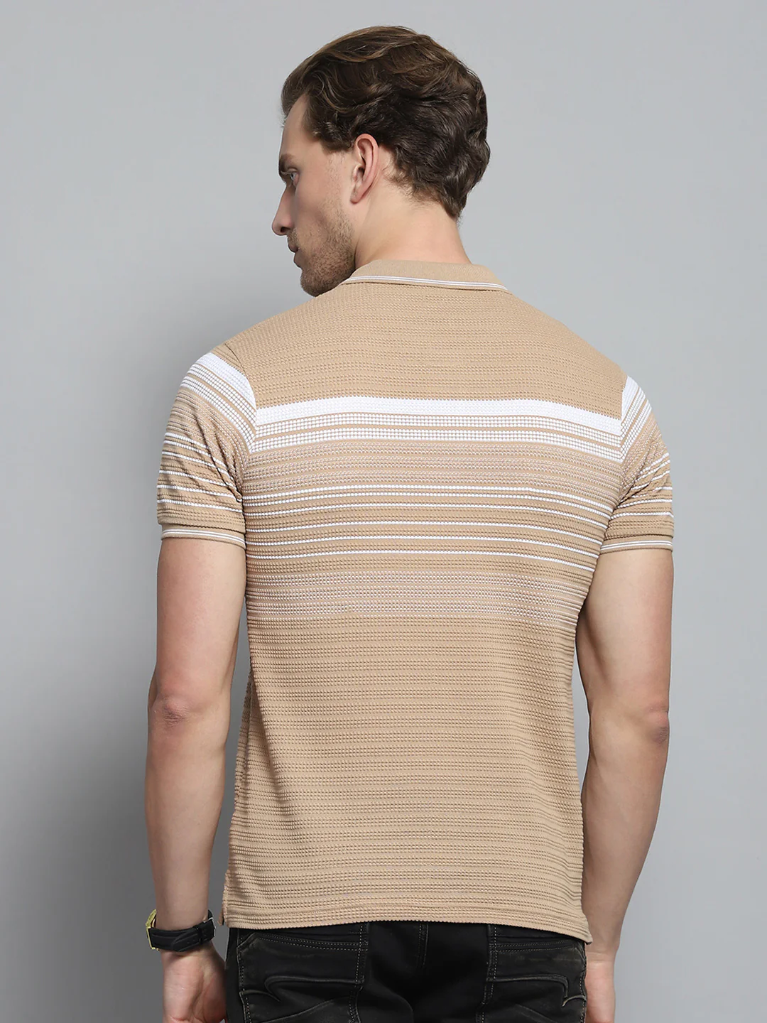 Men Brown Stripe Collar Half Sleeve T-Shirt - Image 5