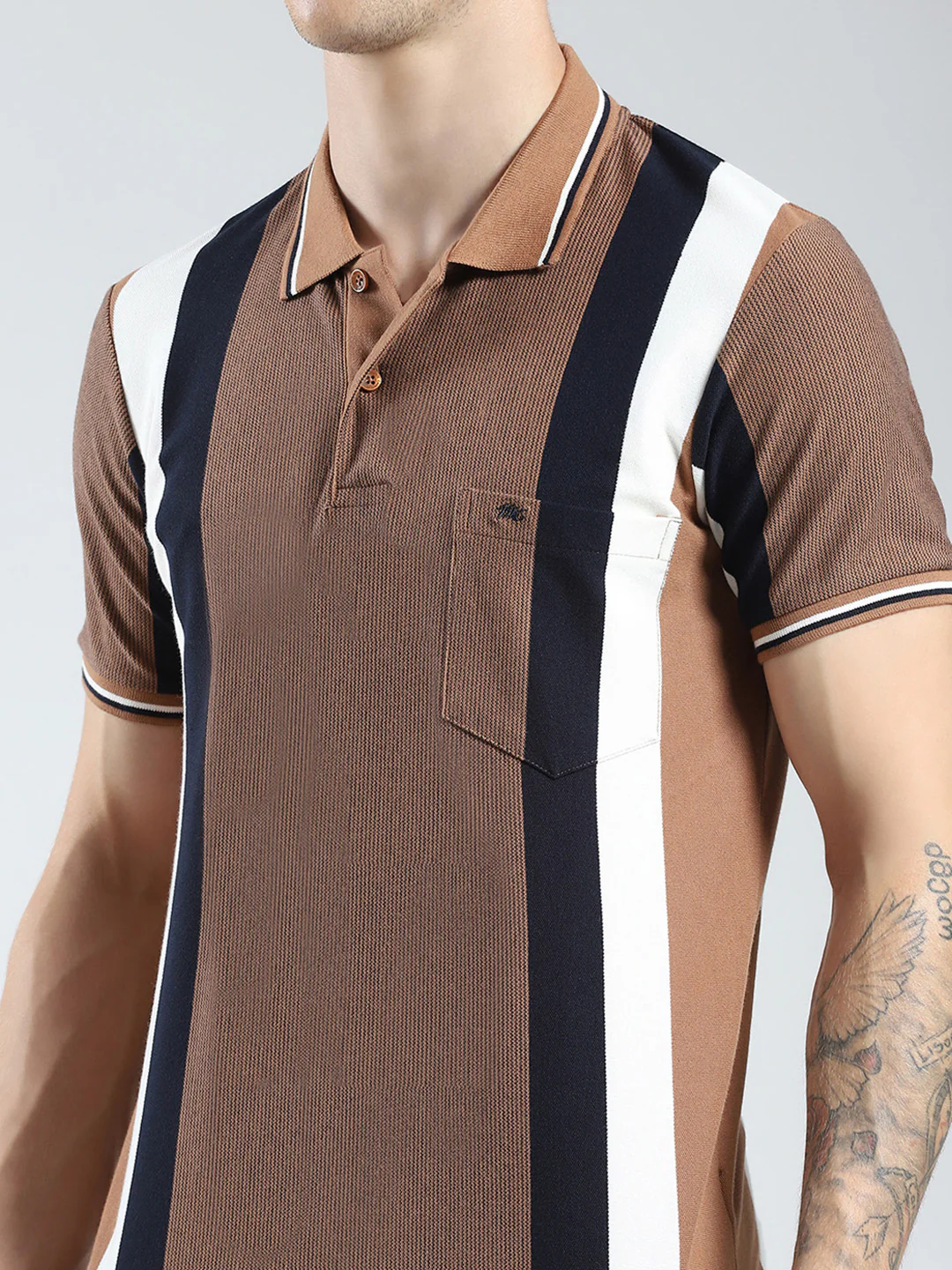 Men Brown Stripe Collar Half Sleeve T-Shirt - Image 6