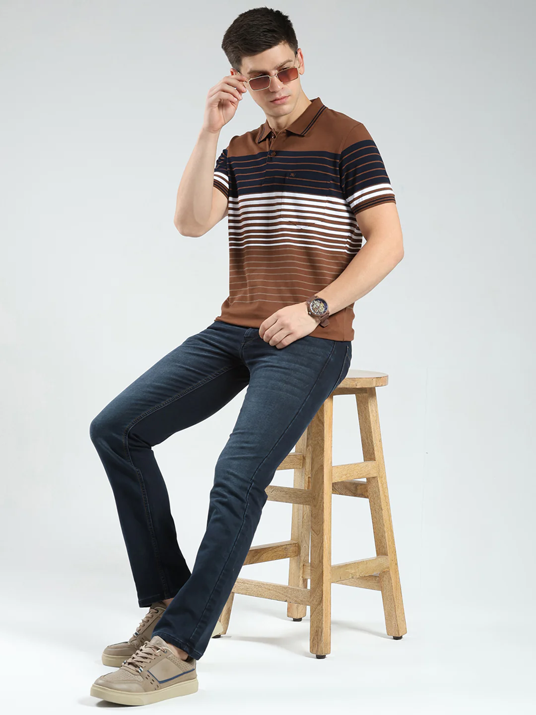 Men Brown Stripe Collar Half Sleeve T-Shirt - Image 2