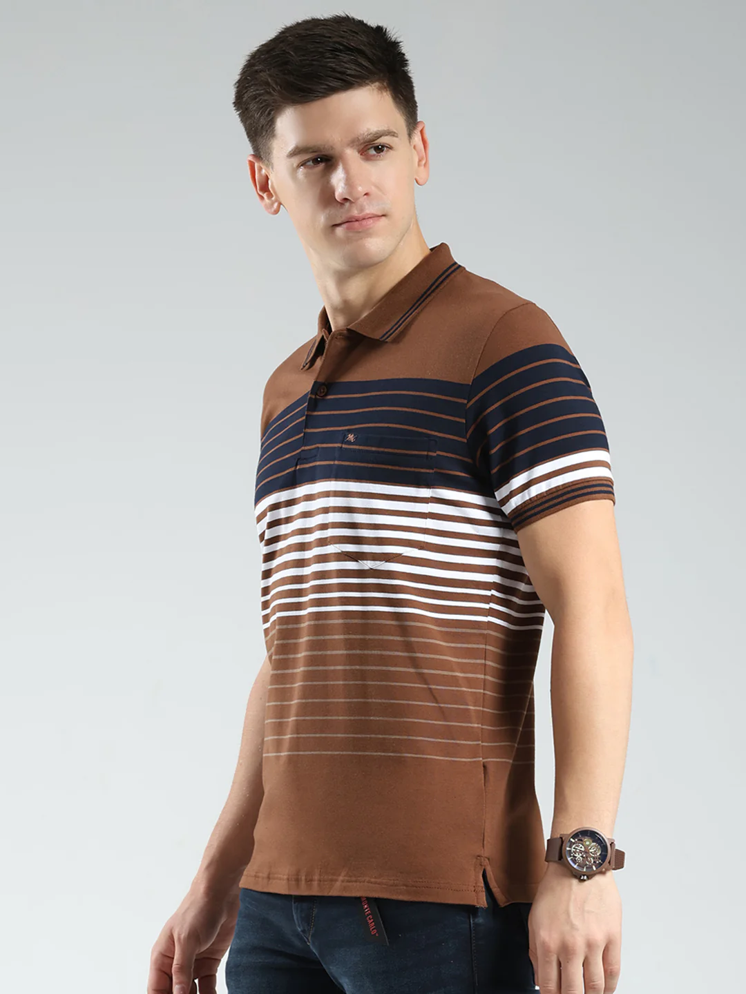 Men Brown Stripe Collar Half Sleeve T-Shirt - Image 3