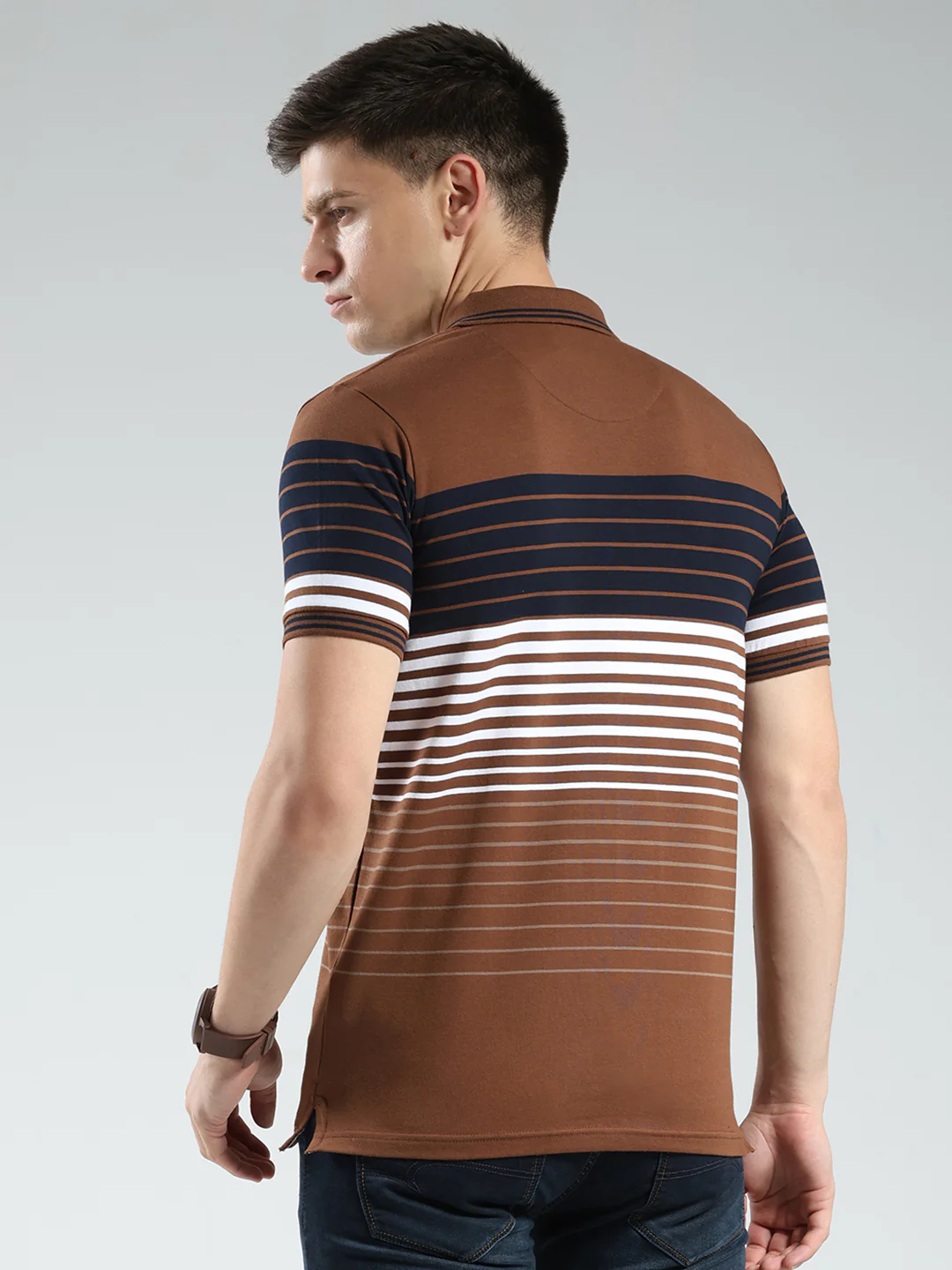 Men Brown Stripe Collar Half Sleeve T-Shirt - Image 5