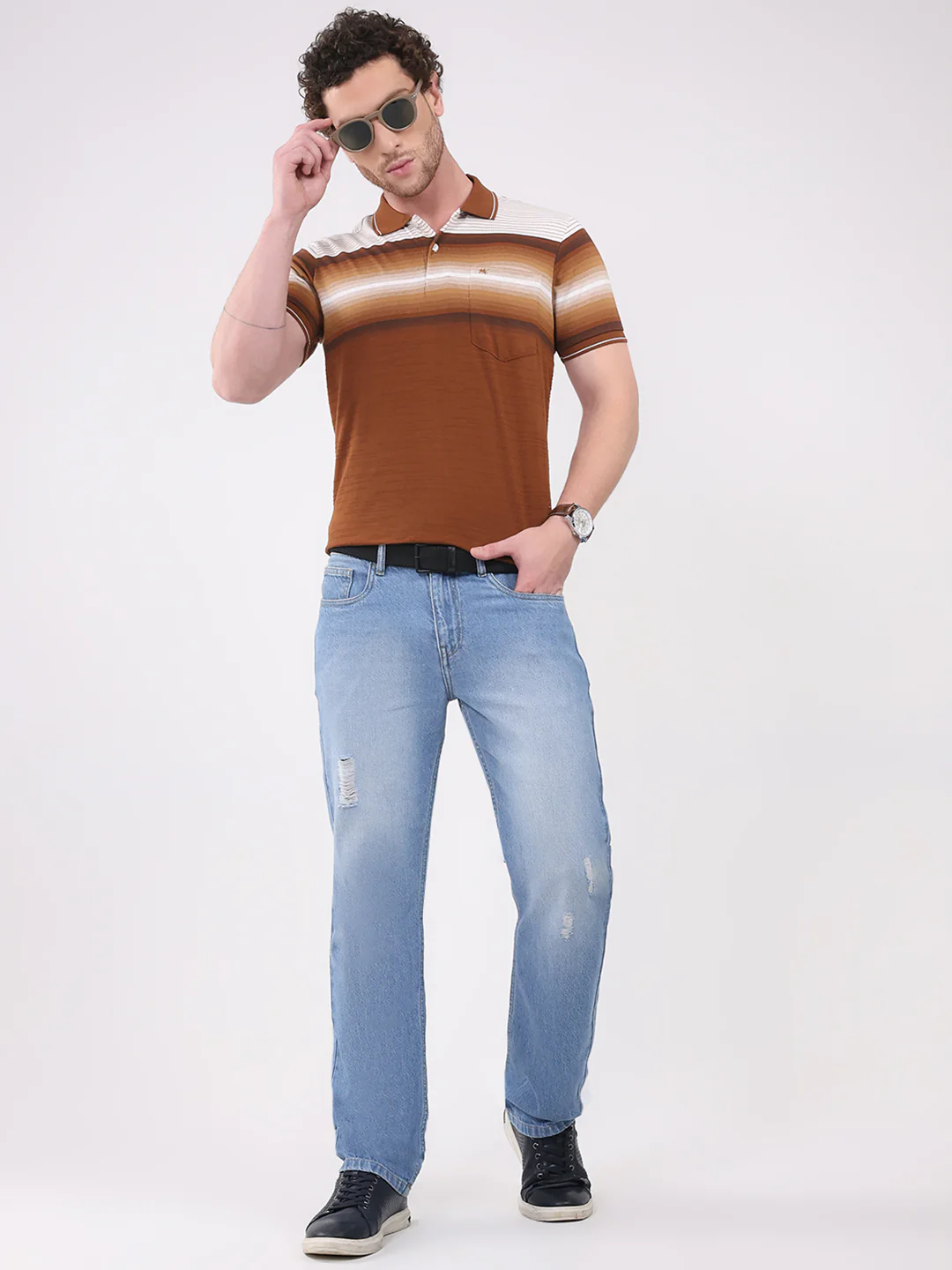 Men Brown Stripe Collar Half Sleeve T-Shirt - Image 2