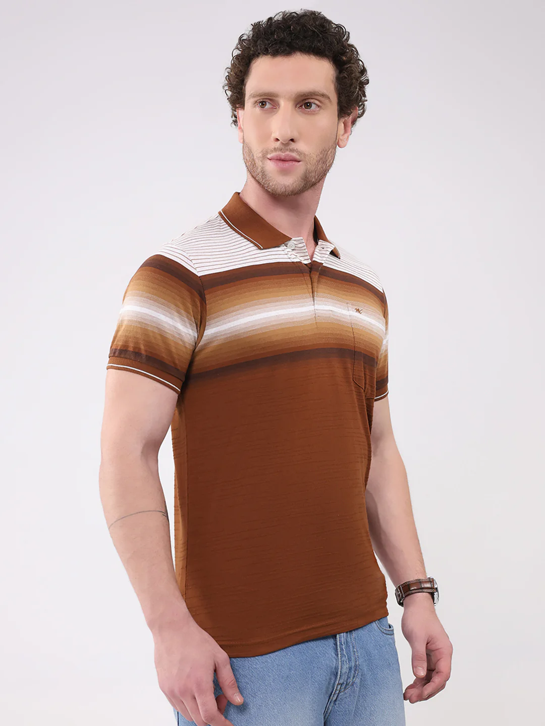 Men Brown Stripe Collar Half Sleeve T-Shirt - Image 4