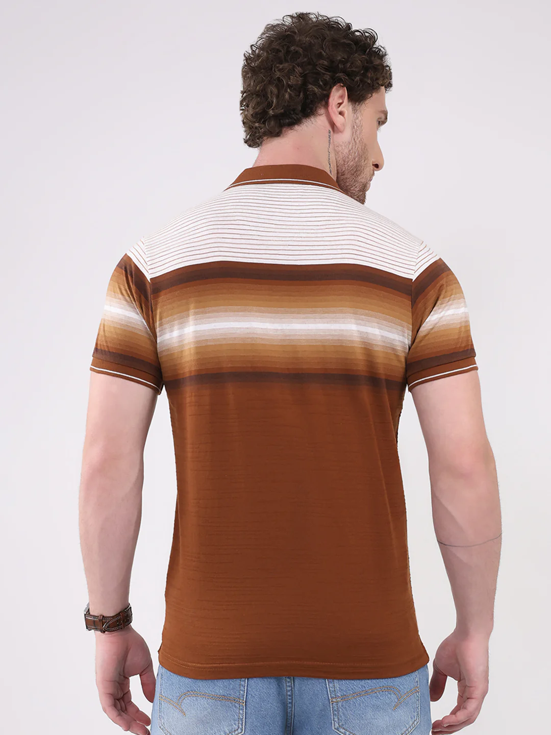 Men Brown Stripe Collar Half Sleeve T-Shirt - Image 5