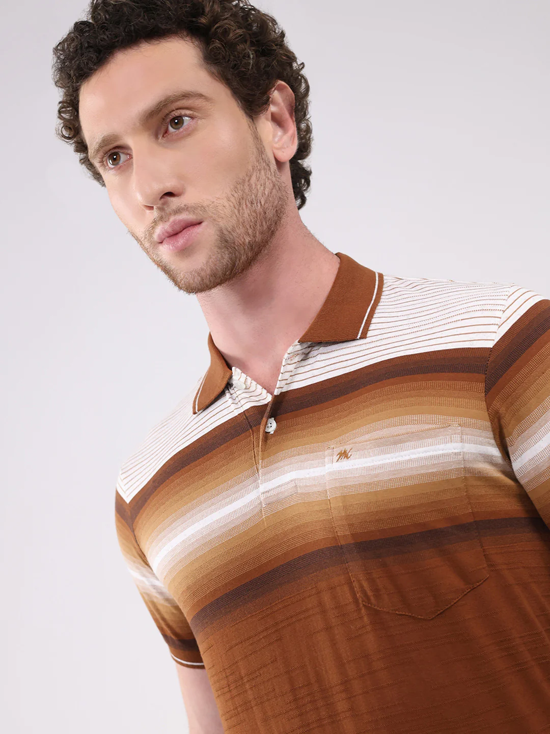 Men Brown Stripe Collar Half Sleeve T-Shirt - Image 6