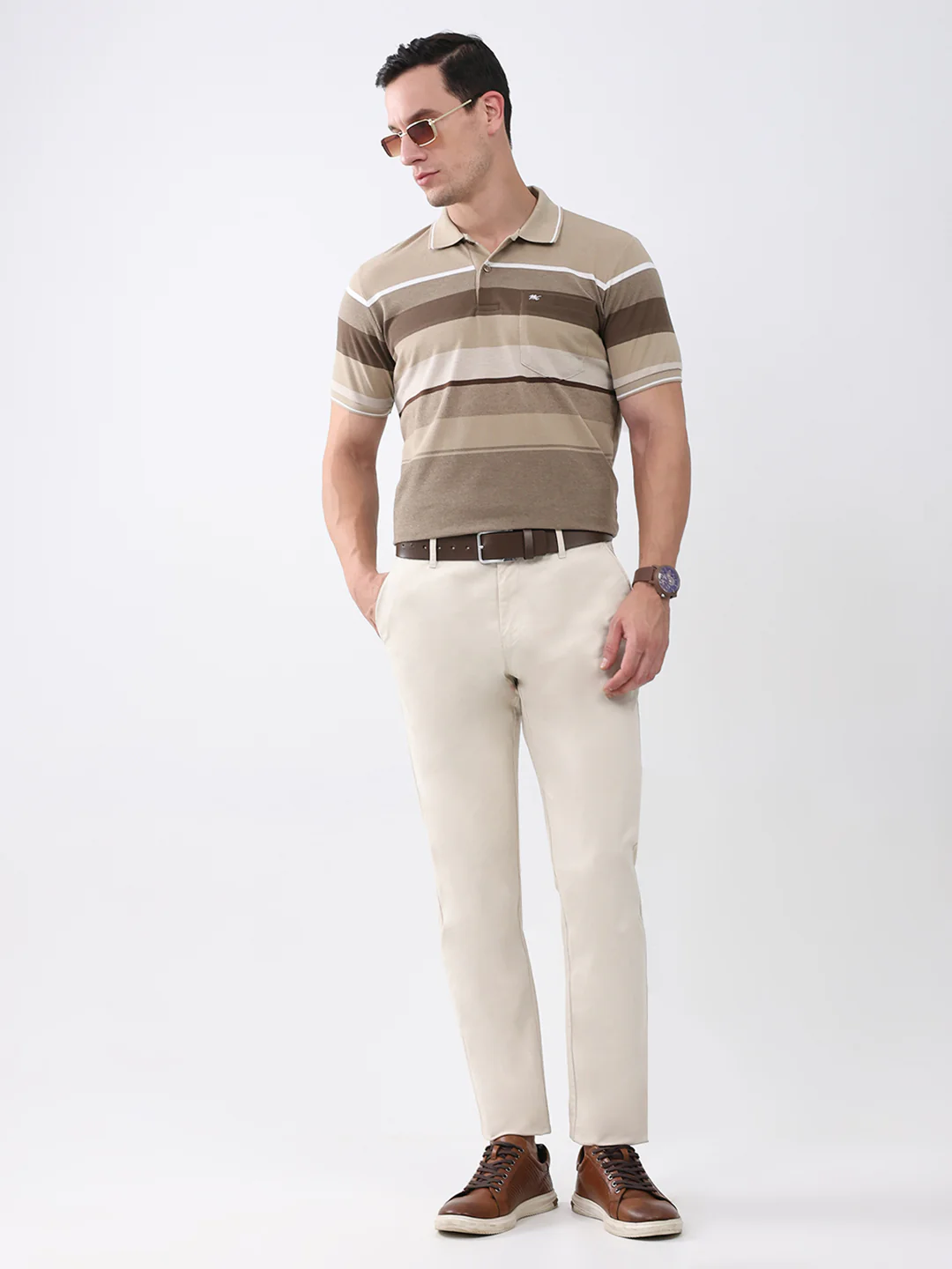Men Brown Stripe Collar Half Sleeve T-Shirt - Image 2