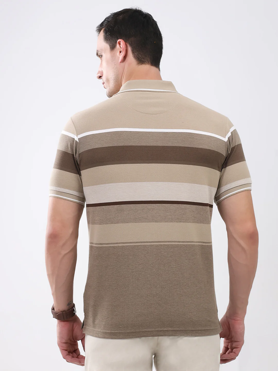 Men Brown Stripe Collar Half Sleeve T-Shirt - Image 5