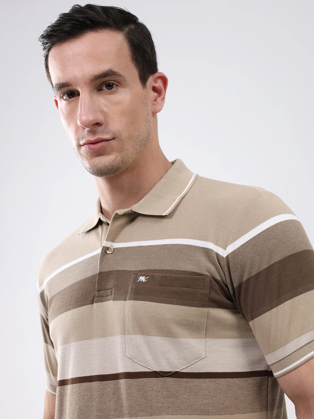 Men Brown Stripe Collar Half Sleeve T-Shirt - Image 6