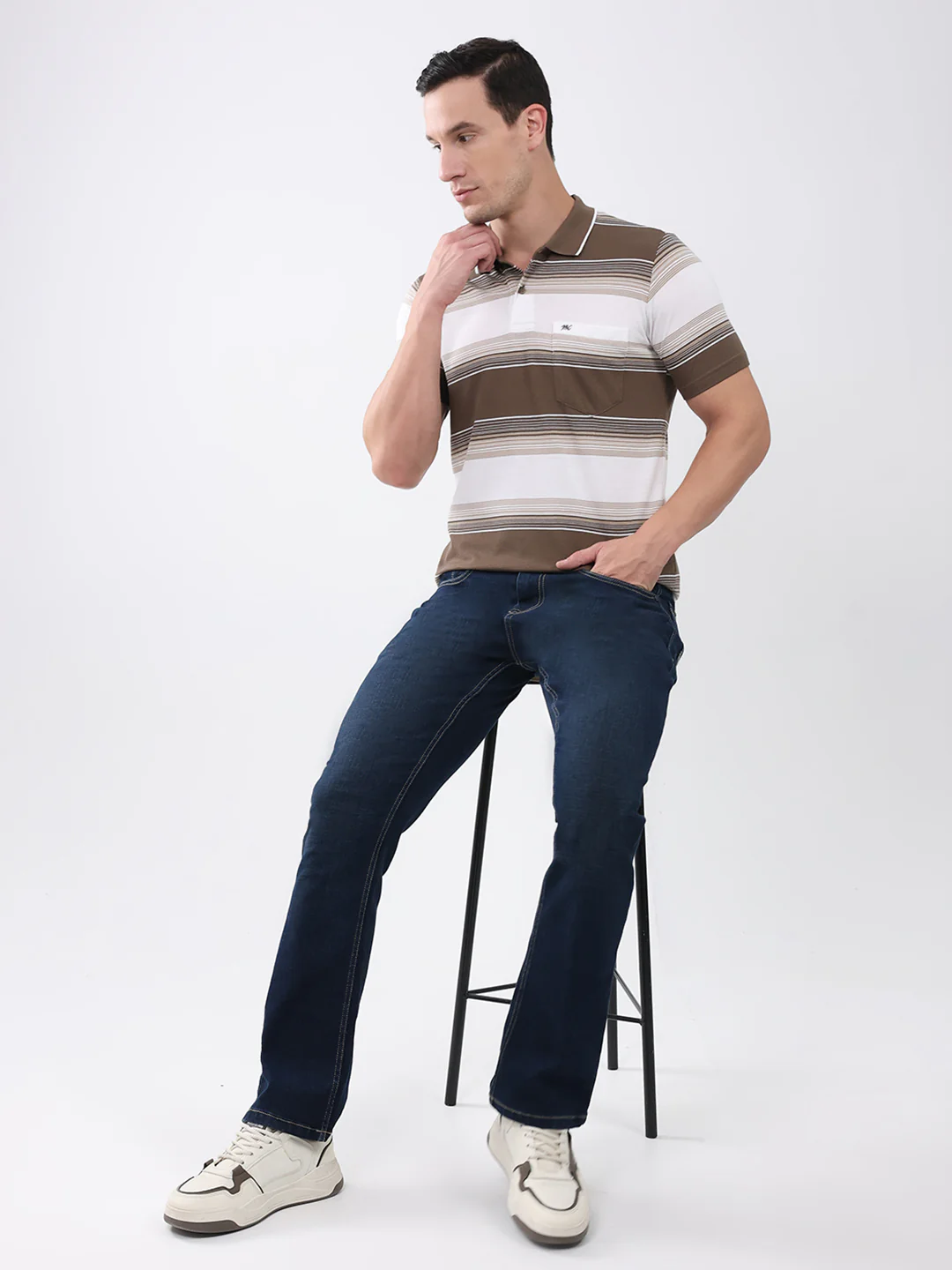 Men Brown Stripe Collar Half Sleeve T-Shirt - Image 2