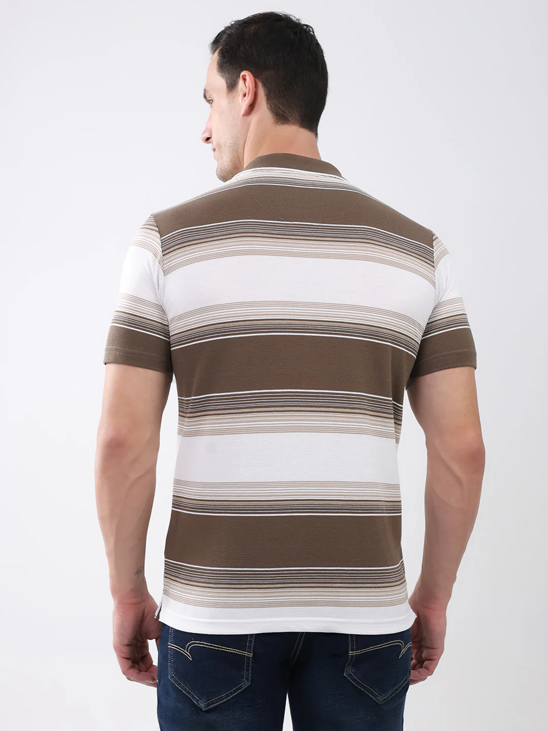 Men Brown Stripe Collar Half Sleeve T-Shirt - Image 5
