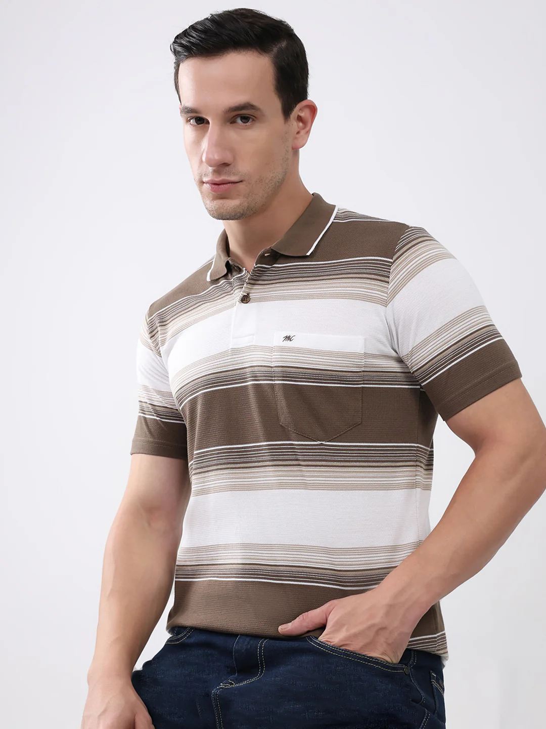 Men Brown Stripe Collar Half Sleeve T-Shirt - Image 6