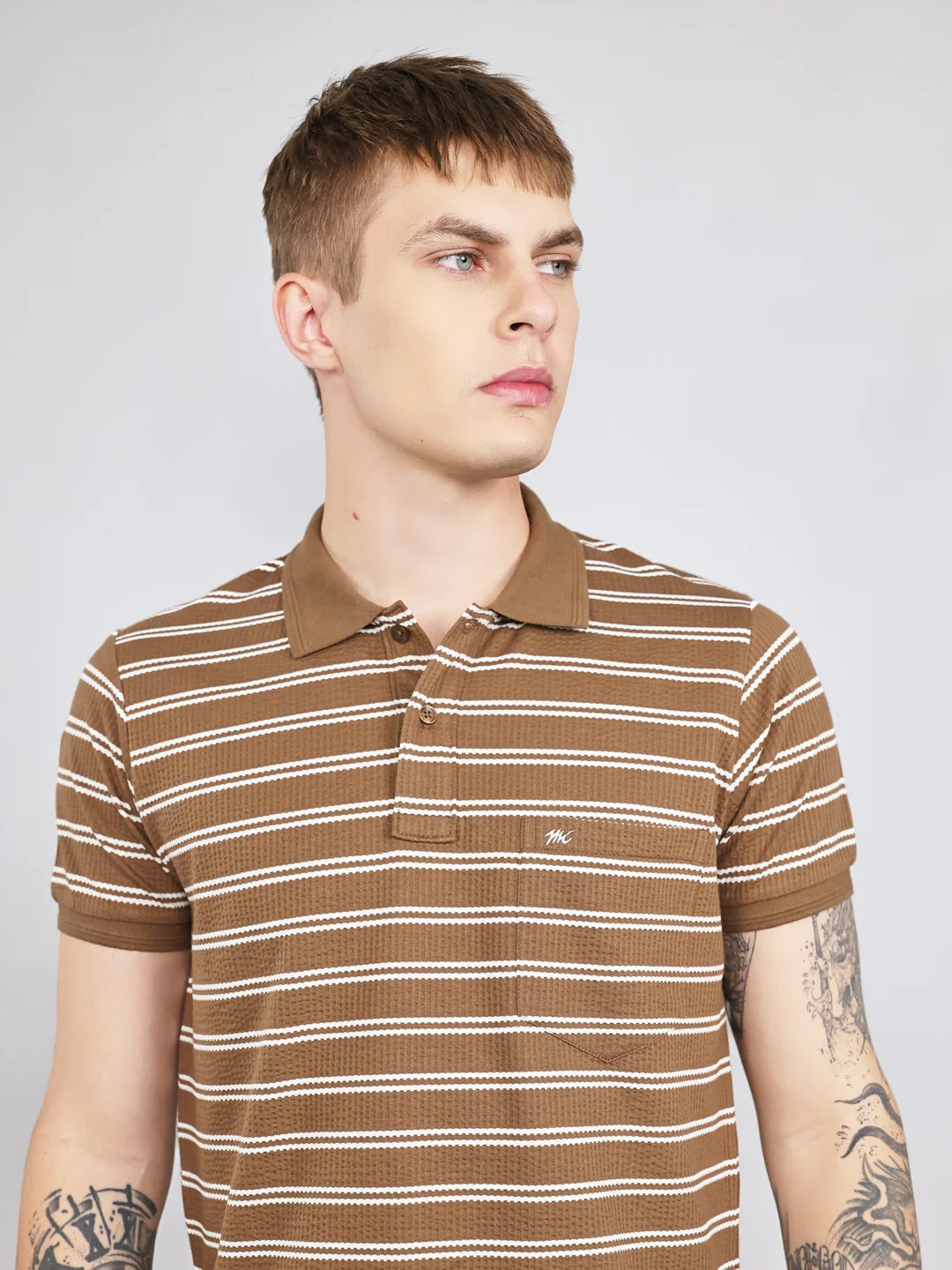 Men Brown Stripe Collar Half Sleeve T-Shirt - Image 5