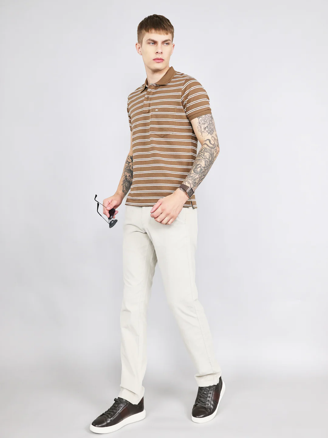 Men Brown Stripe Collar Half Sleeve T-Shirt - Image 6