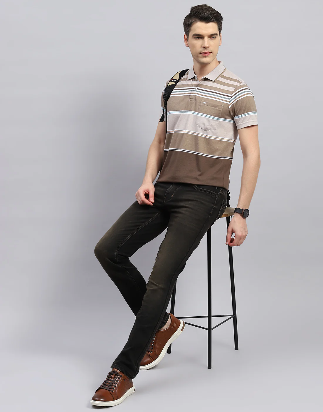 Men Brown Stripe Polo Collar Half Sleeve T-Shirt - Image 2