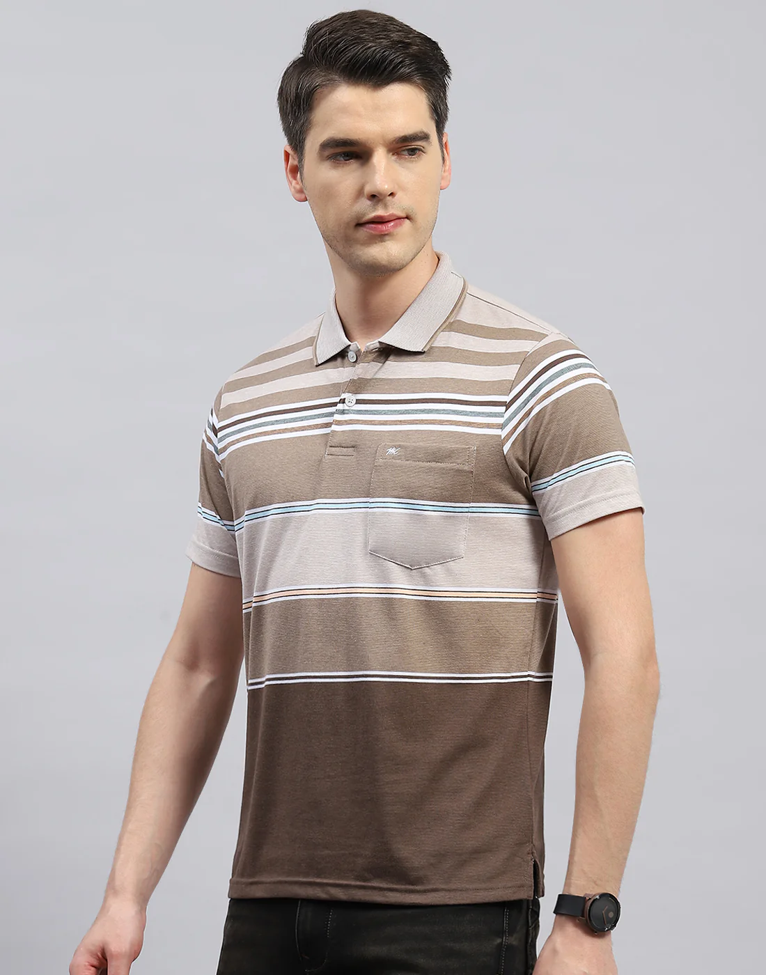 Men Brown Stripe Polo Collar Half Sleeve T-Shirt - Image 3