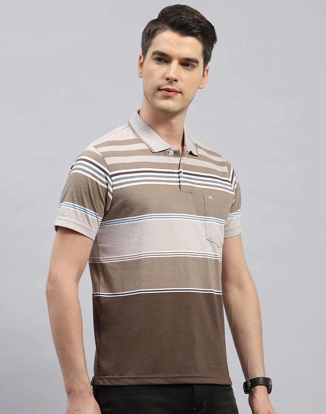 Men Brown Stripe Polo Collar Half Sleeve T-Shirt - Image 4