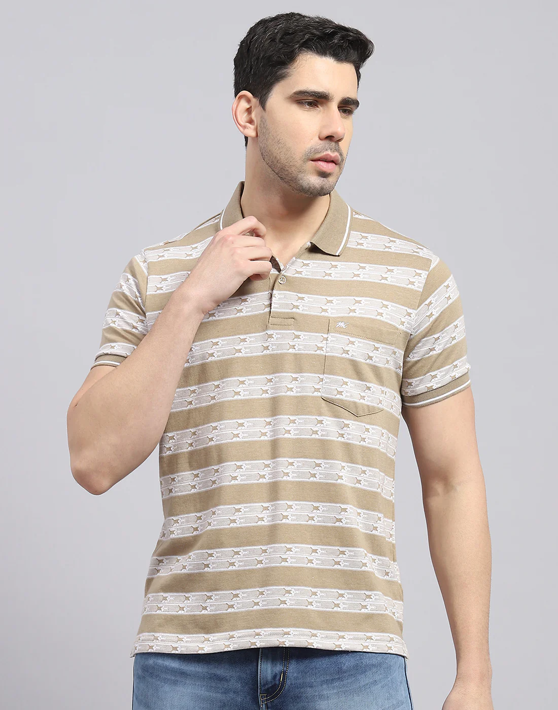 Men Brown Stripe Polo Collar Half Sleeve T-Shirt - Image 3