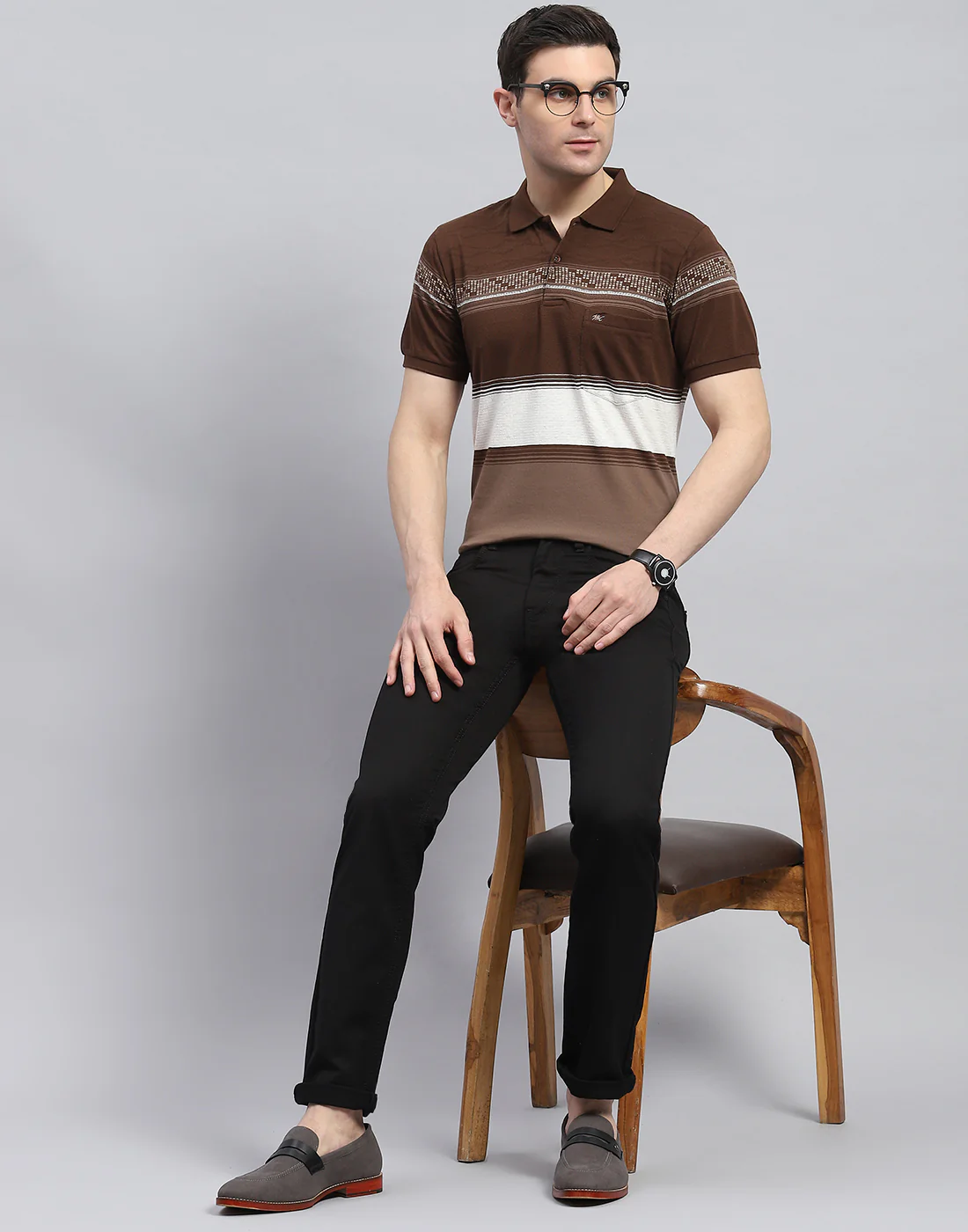 Men Brown Stripe Polo Collar Half Sleeve T-Shirt - Image 2