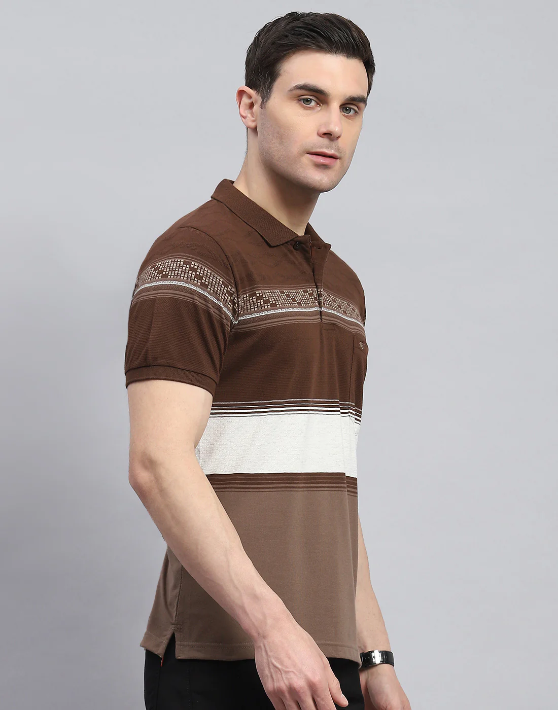Men Brown Stripe Polo Collar Half Sleeve T-Shirt - Image 4