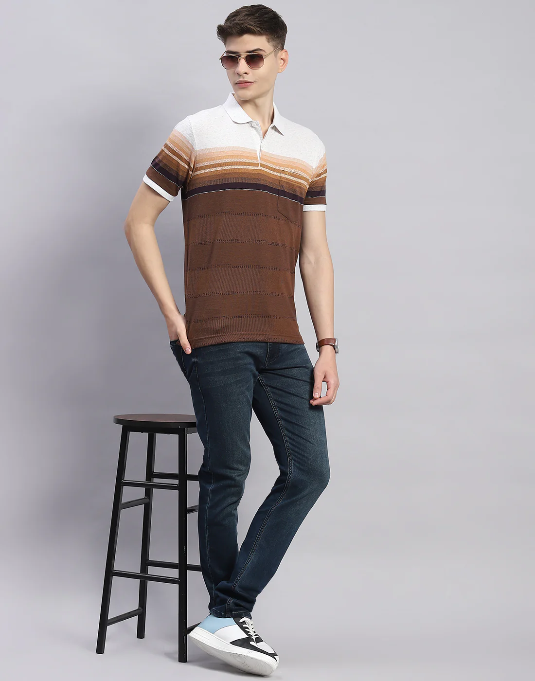 Men Brown Stripe Polo Collar Half Sleeve T-Shirt - Image 2
