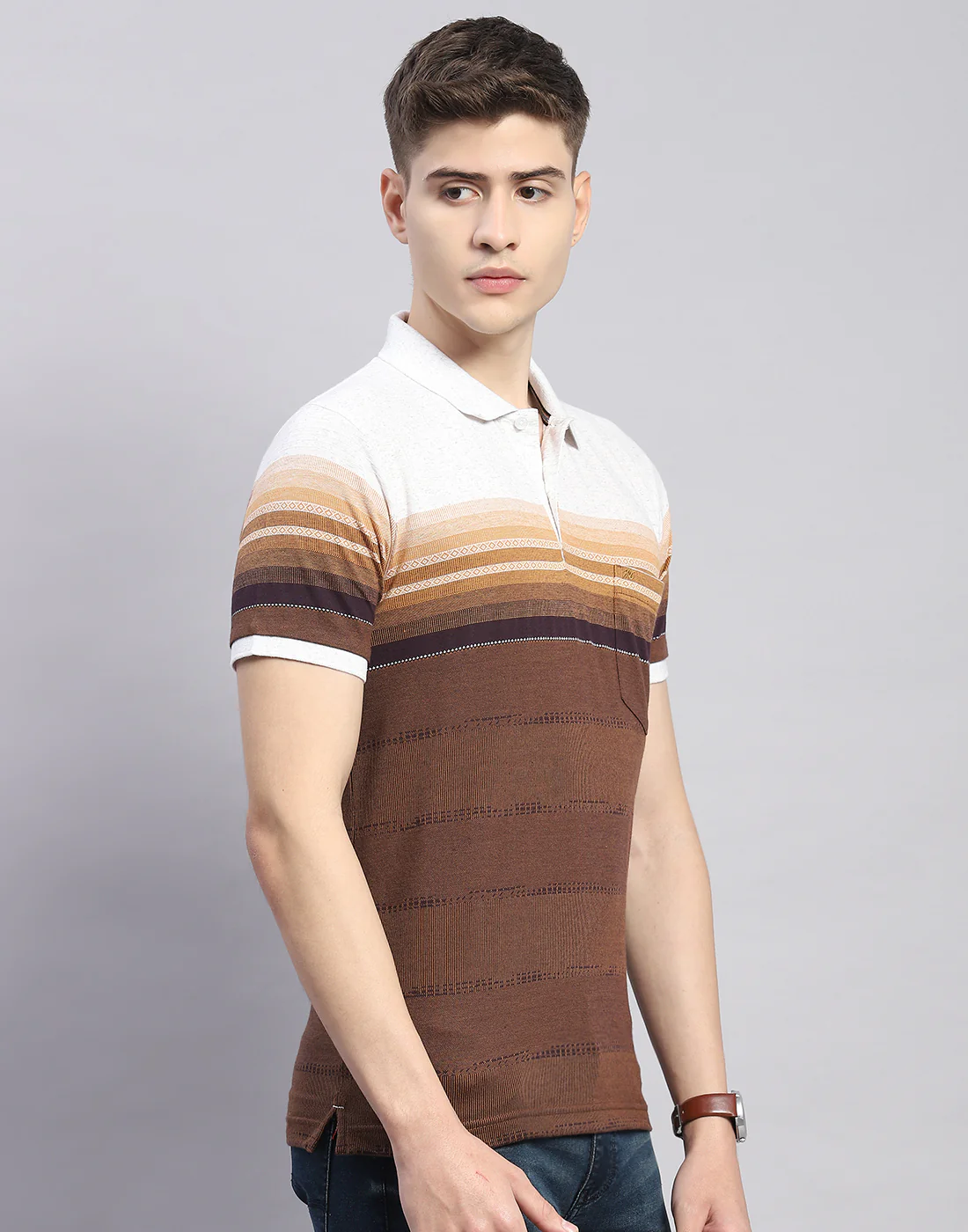 Men Brown Stripe Polo Collar Half Sleeve T-Shirt - Image 5