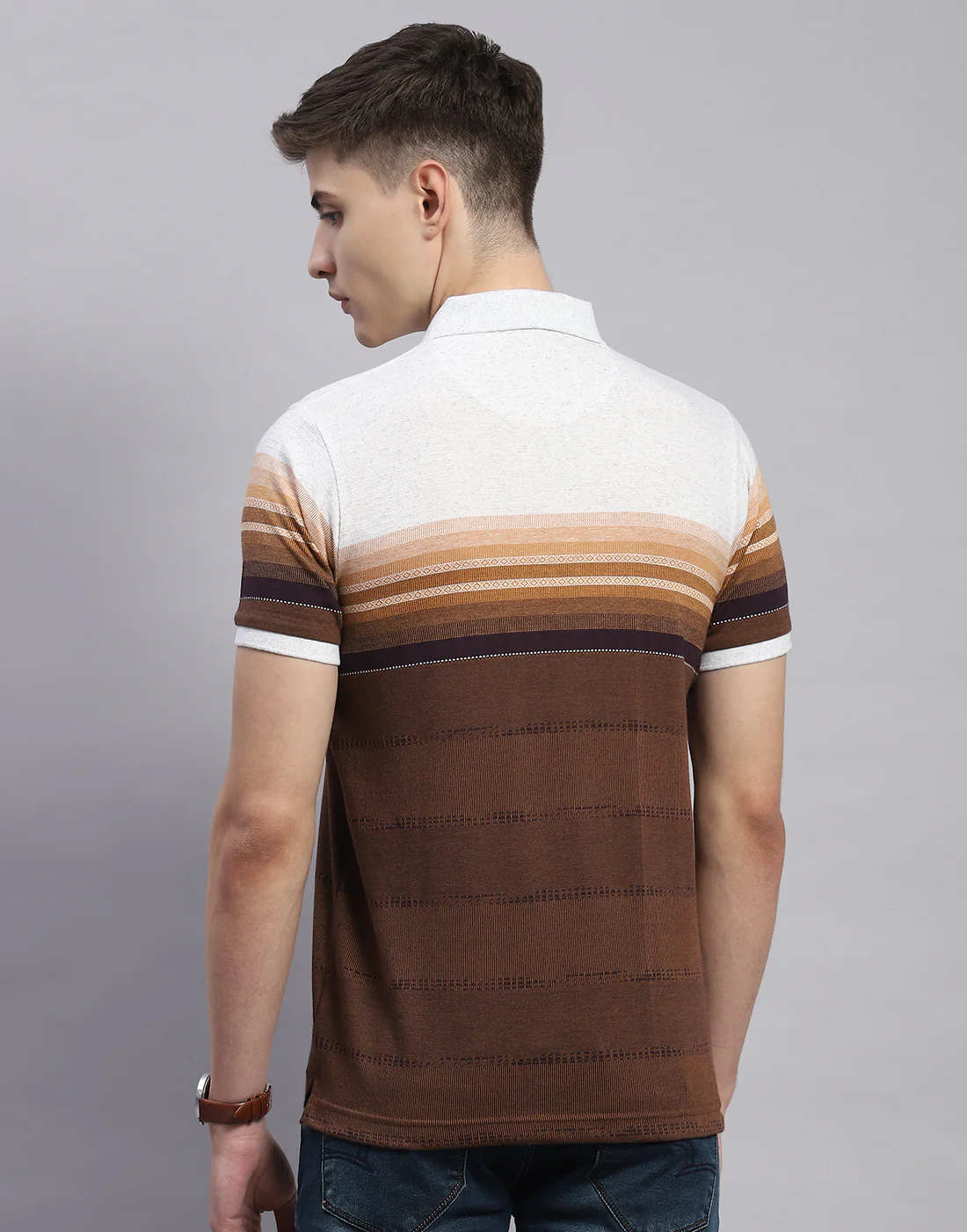 Men Brown Stripe Polo Collar Half Sleeve T-Shirt - Image 6